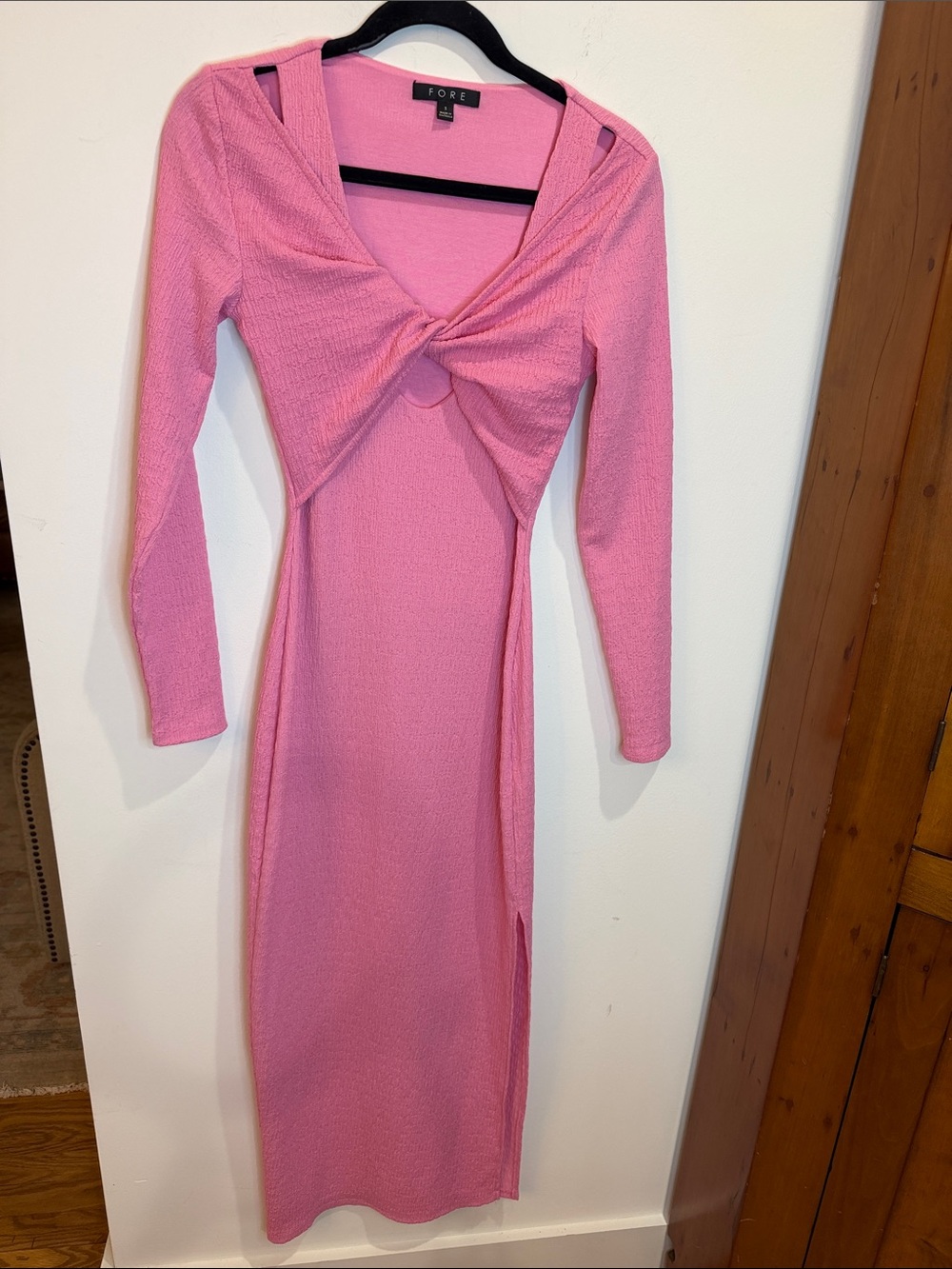 Fore Pink Twist-Front Long Sleeve Fitted Dress, S Barbiecore!